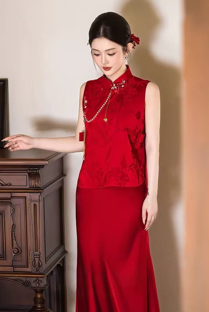 Beth and Brian Qipao-SSM Sophia Vintage Red Satin Jacquard Two‑Piece Cheongsam Set