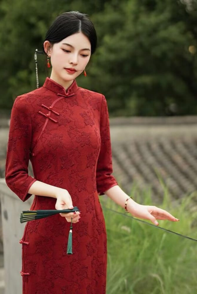 Beth and Brian Qipao-YYY Scarlett Vintage Red Stretch Cotton Midi Cheongsam
