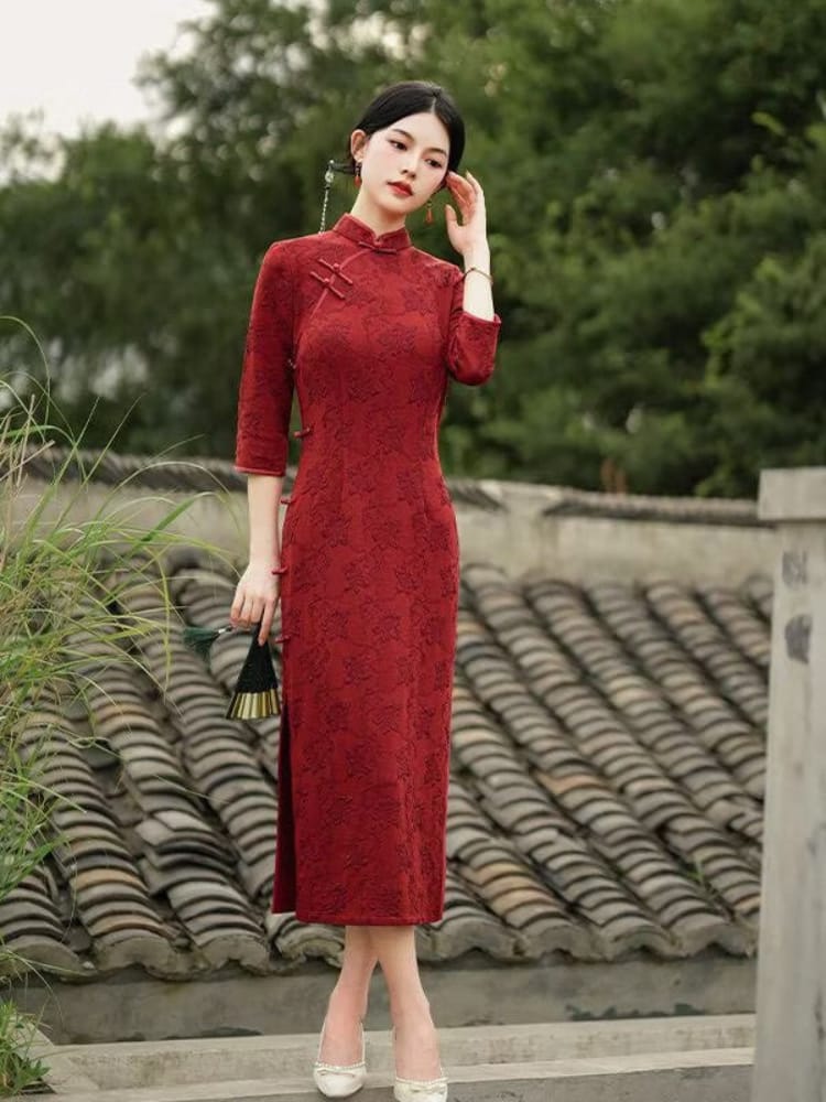 Beth and Brian Qipao-YYY Scarlett Vintage Red Stretch Cotton Midi Cheongsam