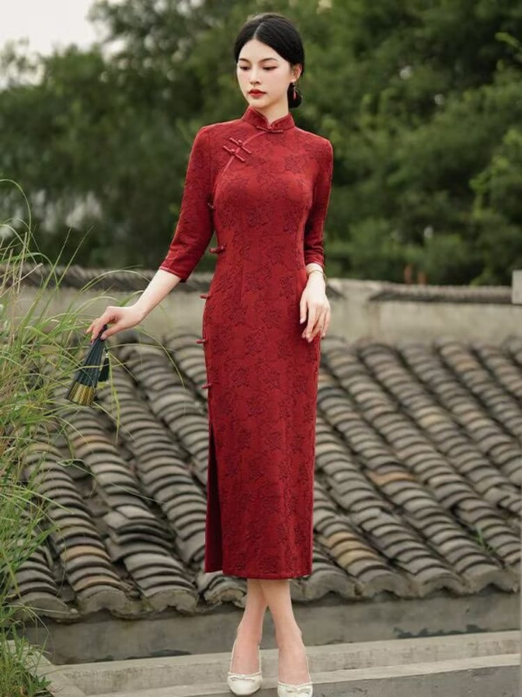 Beth and Brian Qipao-YYY Scarlett Vintage Red Stretch Cotton Midi Cheongsam