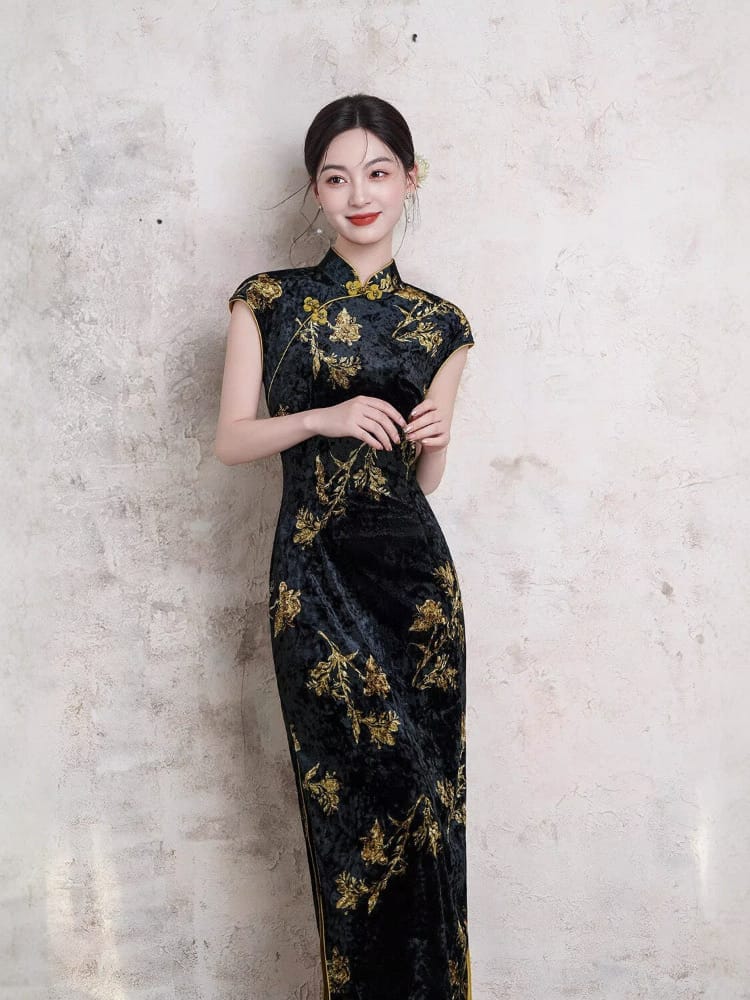 Beth and Brian Qipao-XL Vivienne Vintage Black Velvet Gold Floral Midi Cheongsam
