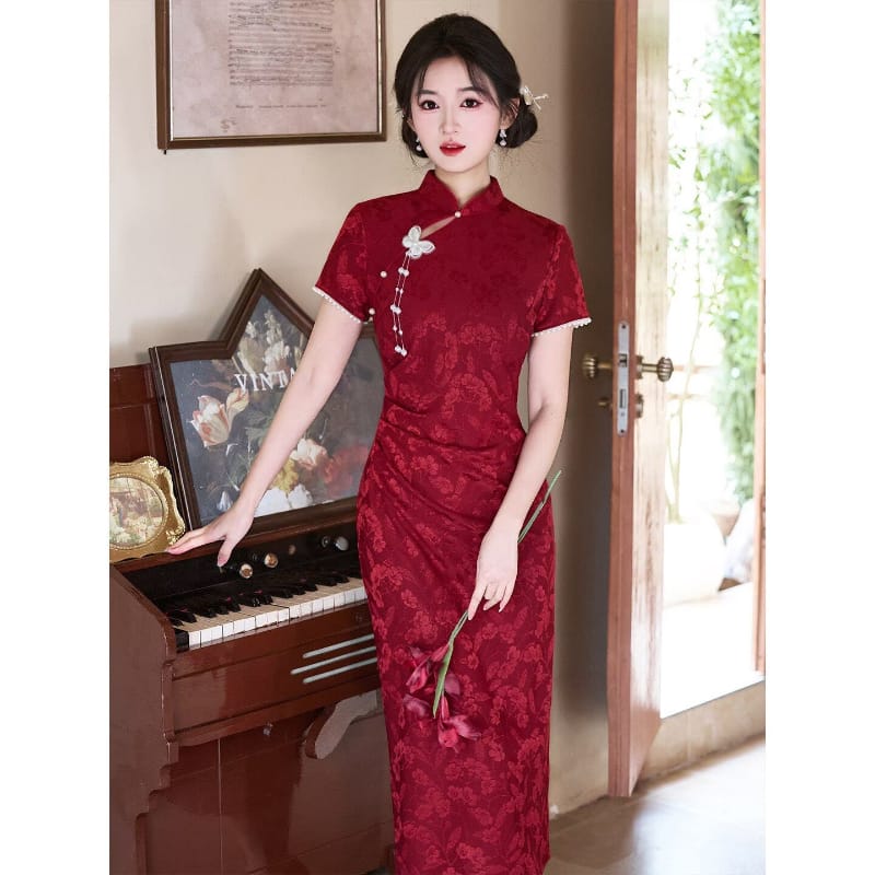 Beth and Brian Qipao-LSB Madeline Vintage Knit Jacquard Midi Cheongsam, 3‑Color Options