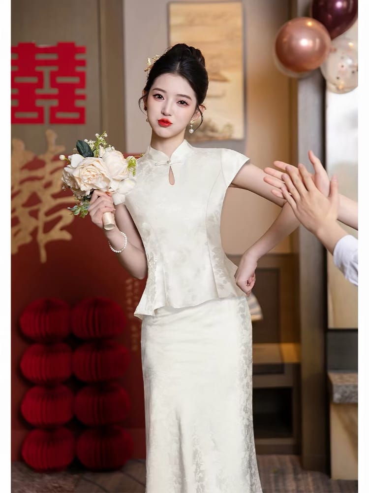 Beth and Brian Qipao-FMS Chloe Vintage White Polyester Jacquard Two‑Piece Cheongsam Set