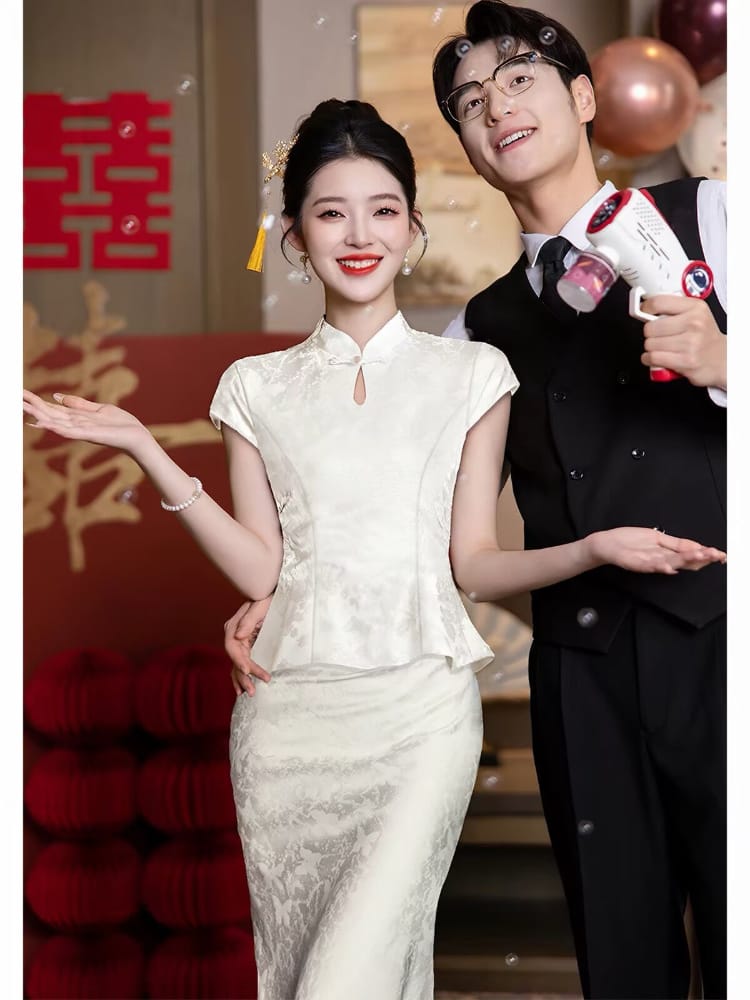 Beth and Brian Qipao-FMS Chloe Vintage White Polyester Jacquard Two‑Piece Cheongsam Set