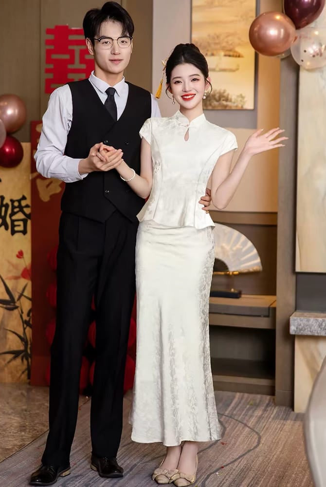 Beth and Brian Qipao-FMS Chloe Vintage White Polyester Jacquard Two‑Piece Cheongsam Set