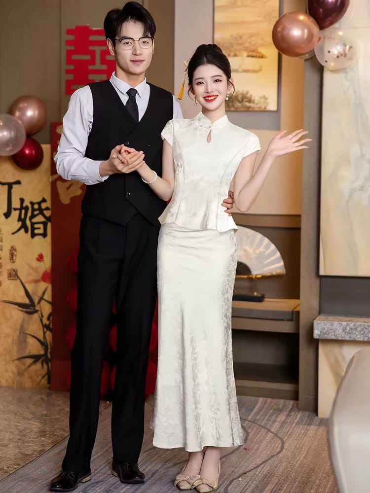 Beth and Brian Qipao-FMS Chloe Vintage White Polyester Jacquard Two‑Piece Cheongsam Set