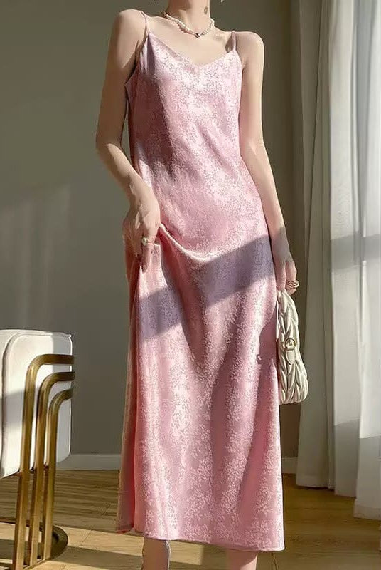 Beth and Brian Qipao-PX Sophia V‑Neck Satin Jacquard Slip Midi Dress (4 Colors Available)