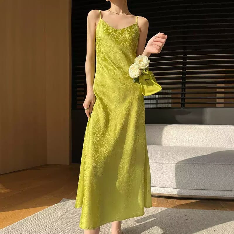 Beth and Brian Qipao-PX Sophia V‑Neck Satin Jacquard Slip Midi Dress (4 Colors Available)