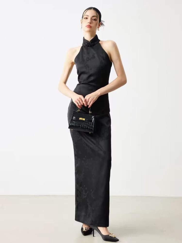 Beth and Brian Qipao-MS Vivian Black Halter Jacquard Maxi Cheongsam Dress
