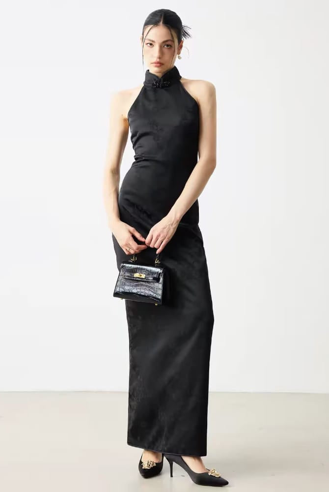 Beth and Brian Qipao-MS Vivian Black Halter Jacquard Maxi Cheongsam Dress