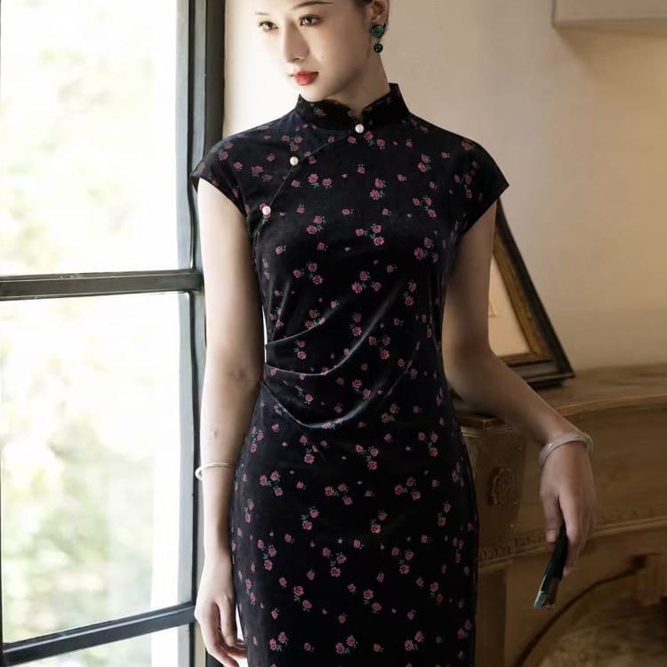 Beth and Brian Qipao-LSB Josephine Floral Sleeveless Flocking Midi Cheongsam, 5 Colors Available