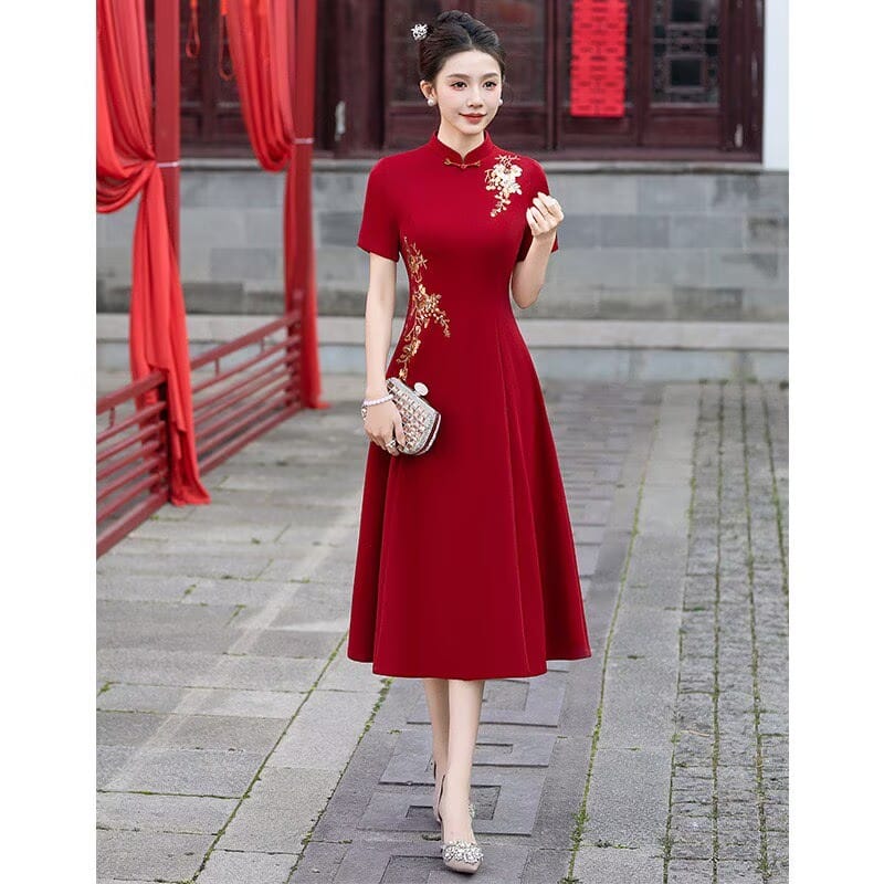 Beth and Brian Qipao-MC Amanda Red Gold‑Embroidery Midi Plus size Cheongsam Dress
