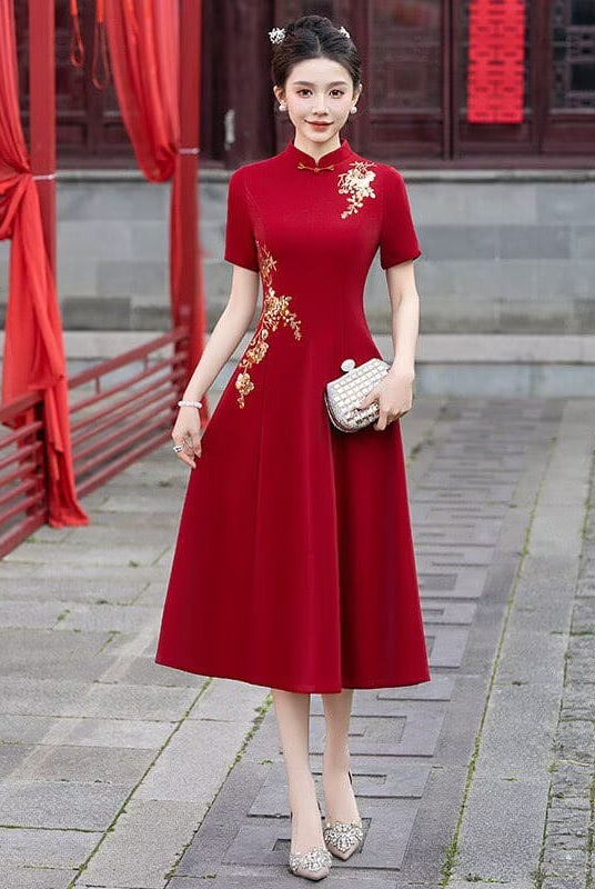 Beth and Brian Qipao-MC Amanda Red Gold‑Embroidery Midi Plus size Cheongsam Dress