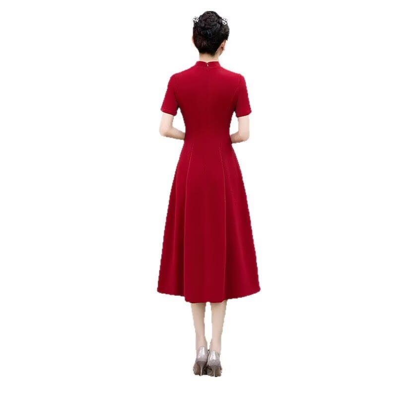 Beth and Brian Qipao-MC Amanda Red Gold‑Embroidery Midi Plus size Cheongsam Dress