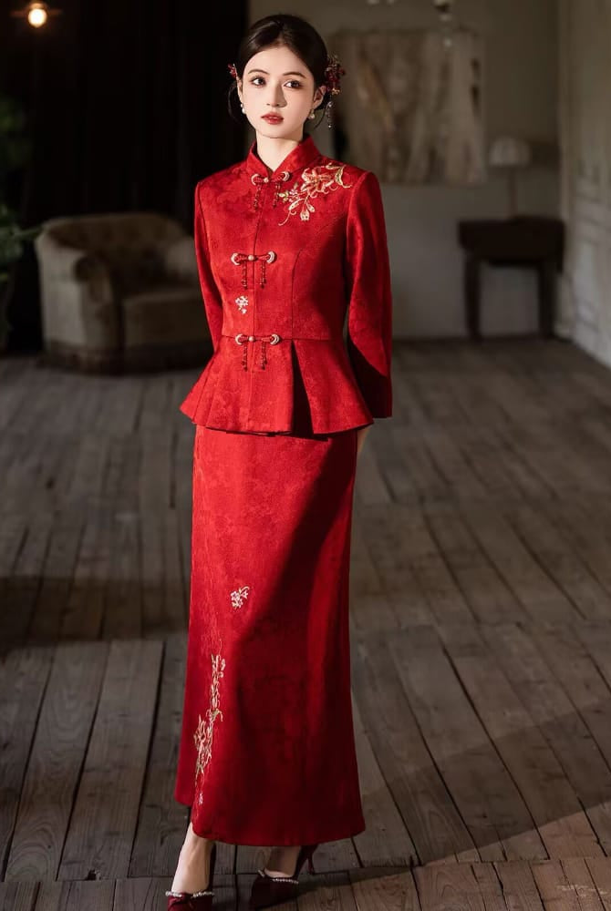 Beth and Brian Qipao-JY Margaret Red Brocade Satin Two‑Piece Cheongsam Set
