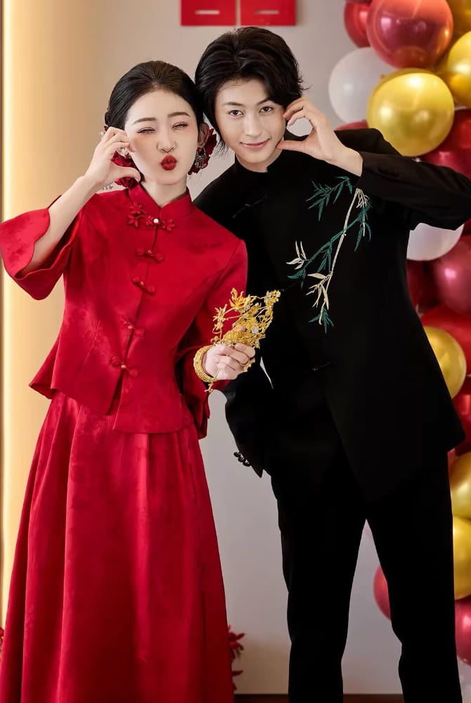 Beth and Brian Qipao-JY Luna Red Brocade Satin Two‑Piece Cheongsam Set