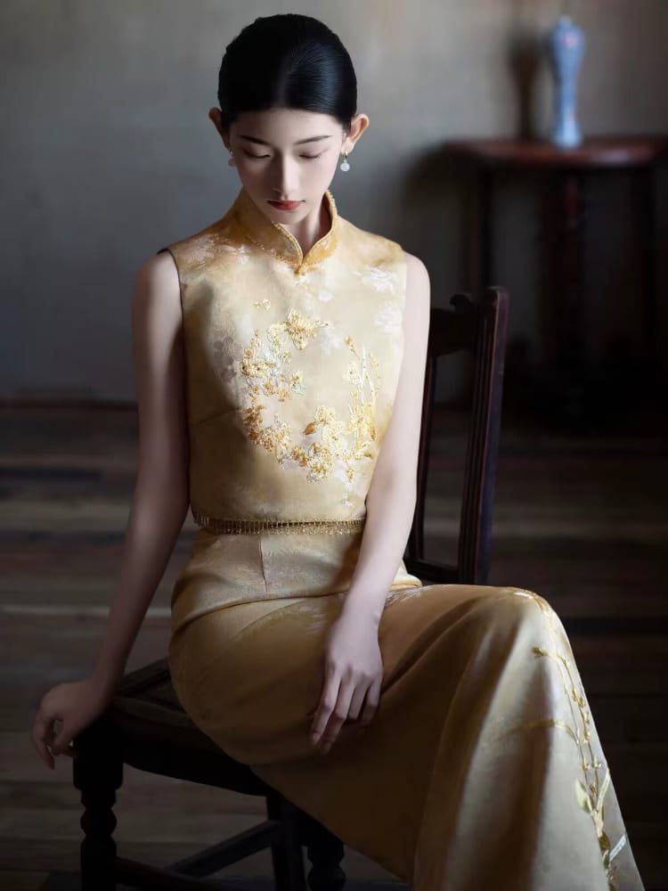 Beth and Brian Qipao-JY Camilla Gold Satin Two‑Piece Cheongsam Set