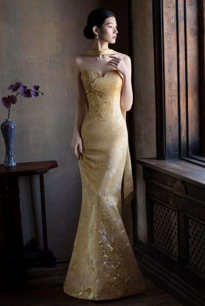 Beth and Brian Qipao-JY Camilla Gold Satin Two‑Piece Cheongsam Set