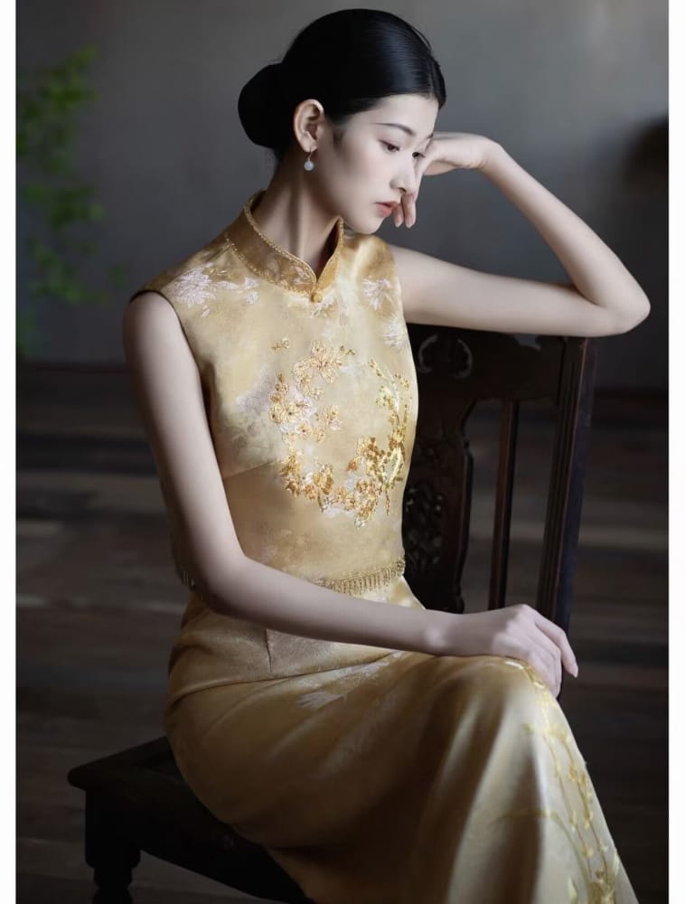 Beth and Brian Qipao-JY Camilla Gold Satin Two‑Piece Cheongsam Set