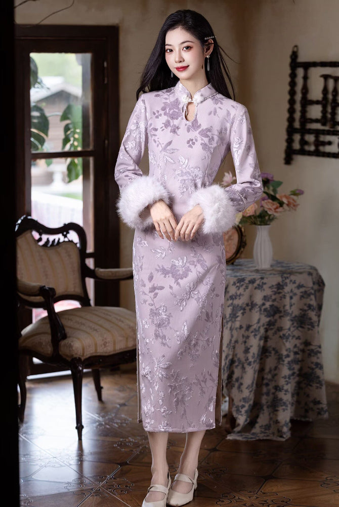 Beth and Brian Qipao-LSB Iris Lavender Winter Knitting Midi Cheongsam Dress