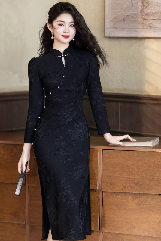 Beth and Brian Qipao-LSB Vivian Black Midi Cheongsam Dress With Long‑Sleeves