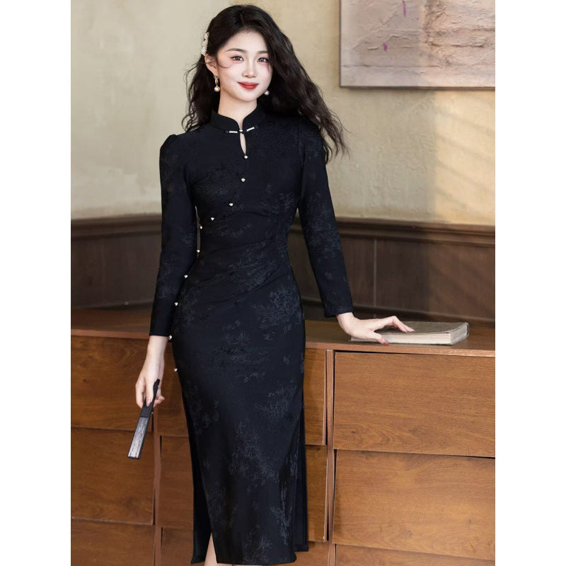 Beth and Brian Qipao-LSB Vivian Black Midi Cheongsam Dress With Long‑Sleeves