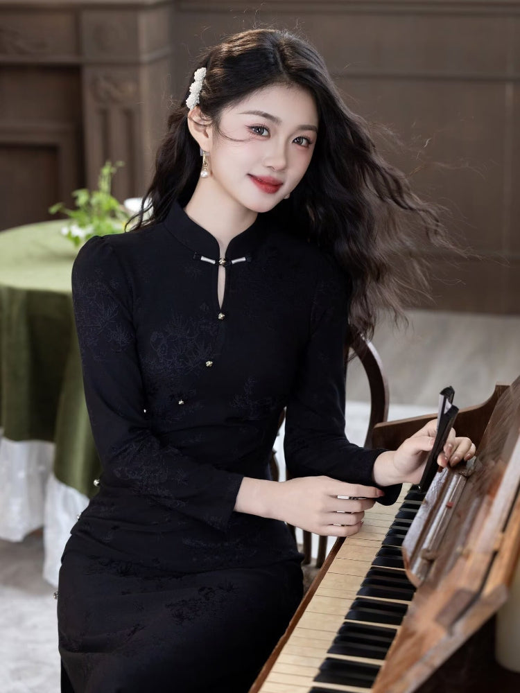Beth and Brian Qipao-LSB Vivian Black Midi Cheongsam Dress With Long‑Sleeves