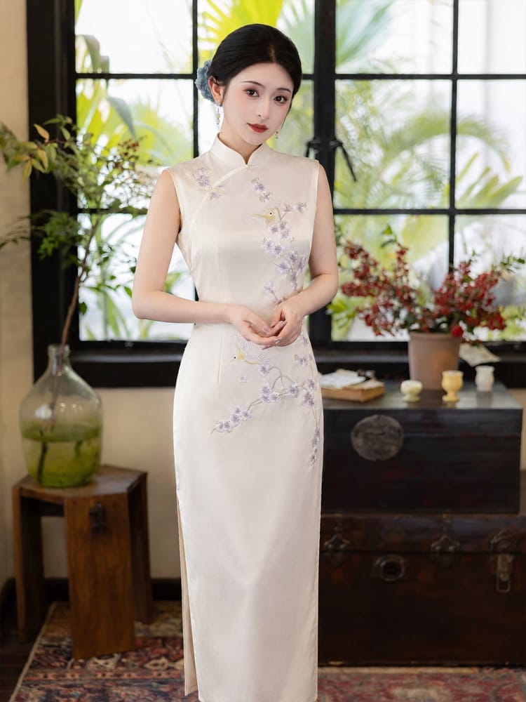 Beth and Brian Qipao-LSB Evelyn Sleeveless beige Acetate Cheongsam Dress
