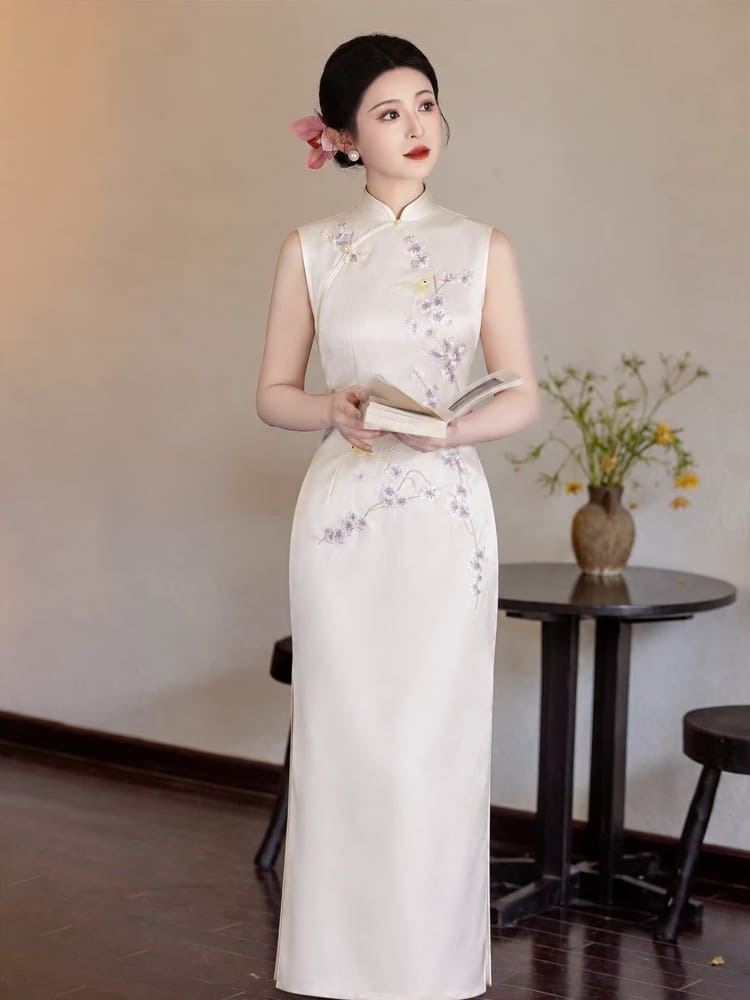 Beth and Brian Qipao-LSB Evelyn Sleeveless beige Acetate Cheongsam Dress