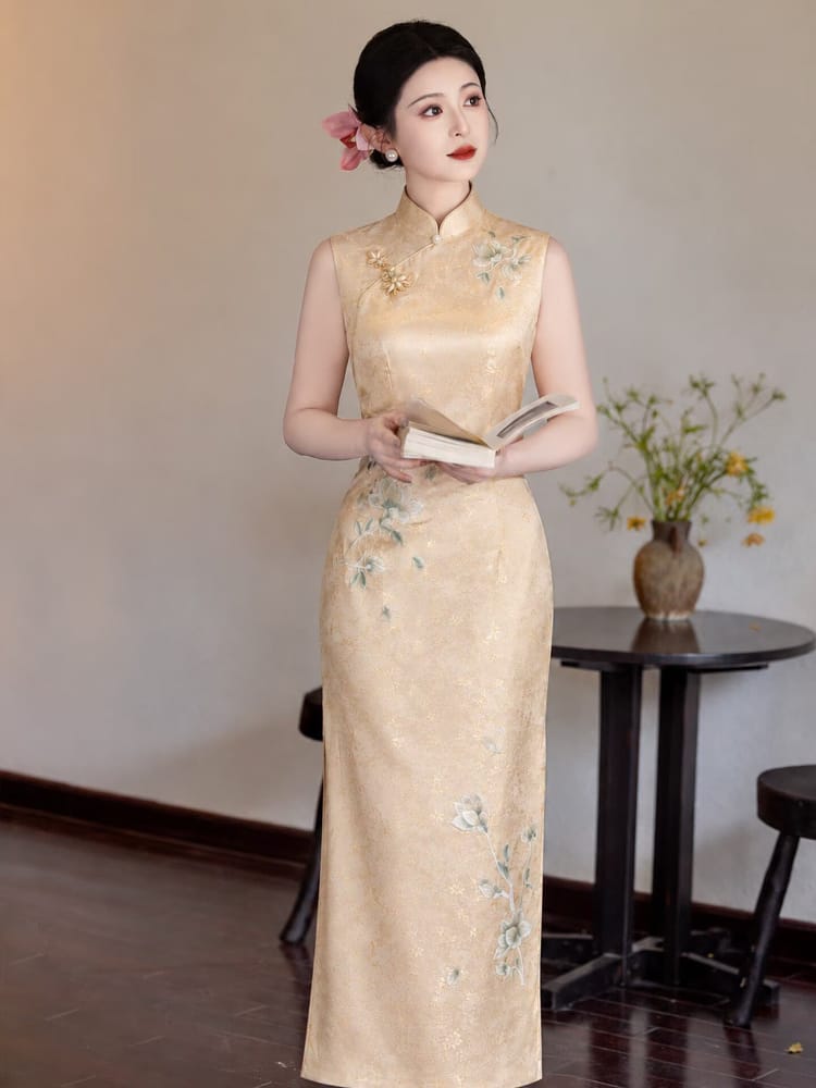 Beth and Brian Qipao-LSB Sleeveless Yellow Midi Cheongsam Dress