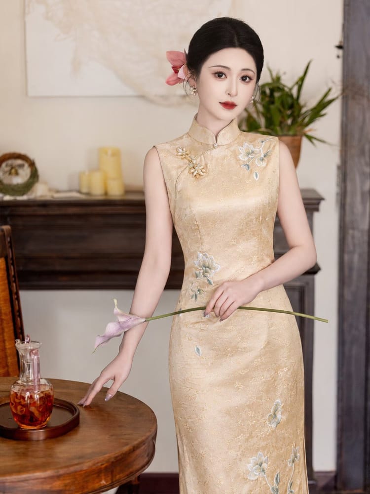 Beth and Brian Qipao-LSB Sleeveless Yellow Midi Cheongsam Dress