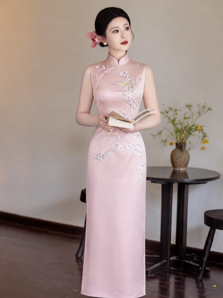 Beth and Brian Qipao-LSB Mia Pink Sleeveless Acetate Midi Cheongsam Dress
