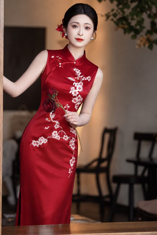 Beth and Brian Qipao-LSB Stella Red Sleeveless Acetate Cheongsam Dress