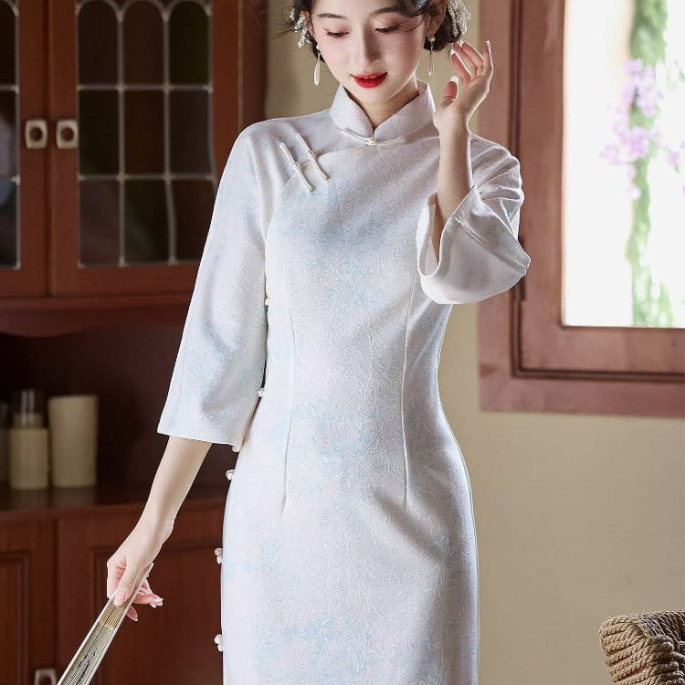 Beth and Brian Qipao-LSB Madelyn Autumn Winter Knitting Jacquard Cheongsam Dress