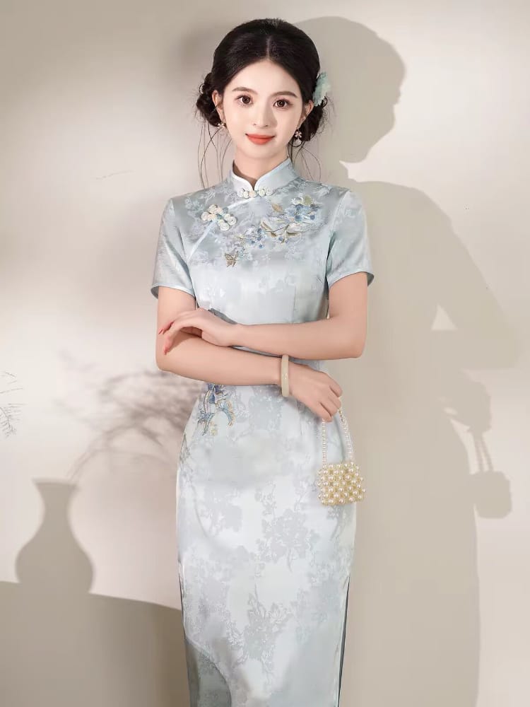Beth and Brian Qipao-XSG Stella Light Blue Midi Cheongsam Dress With Short Sleeves