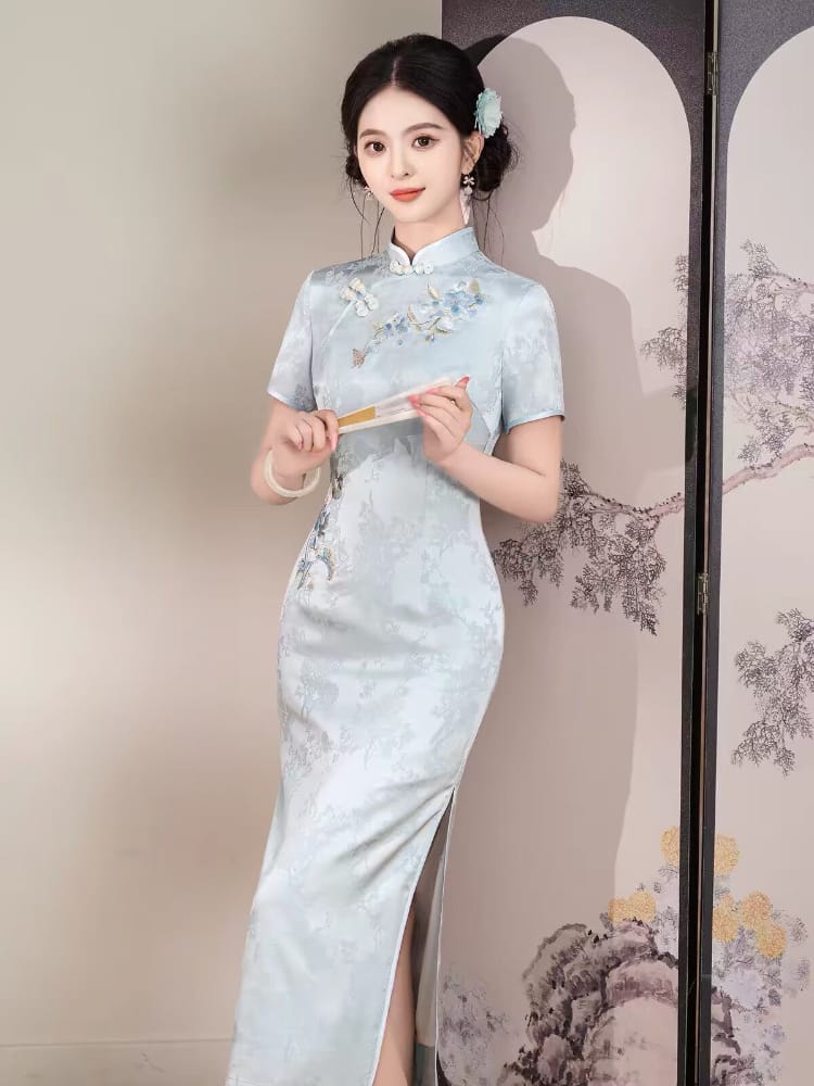 Beth and Brian Qipao-XSG Stella Light Blue Midi Cheongsam Dress With Short Sleeves