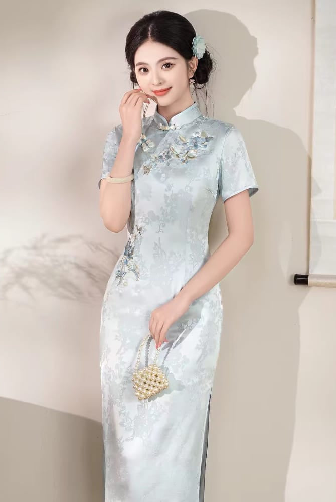 Beth and Brian Qipao-XSG Stella Light Blue Midi Cheongsam Dress With Short Sleeves