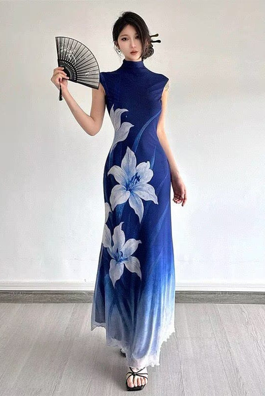Beth and Brian Qipao-DBN Madison Blue Gradient Cheongsam Maxi Dress With Raglan Sleeves