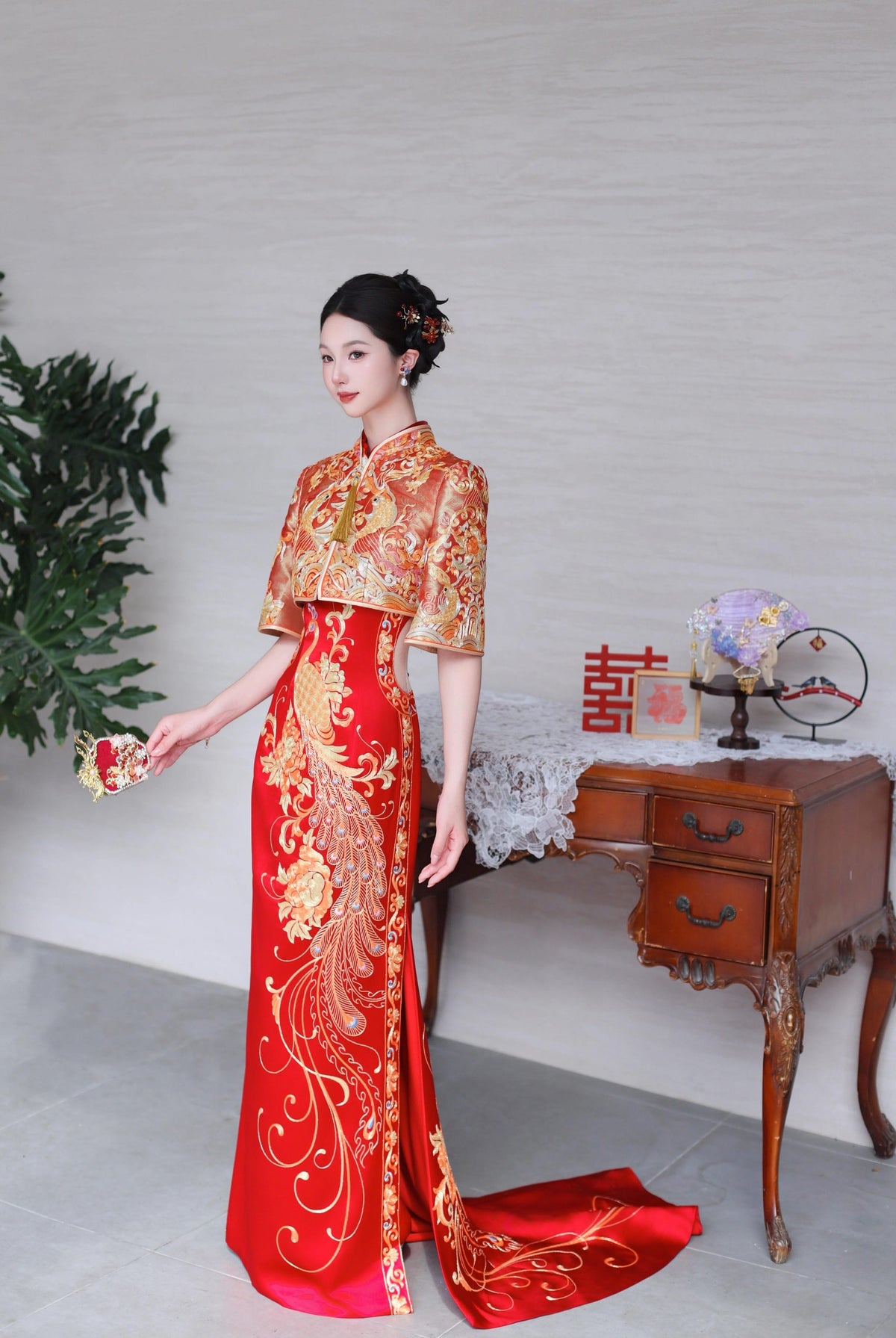 Beth and Brian Qipao-YYG Bespoke Red Peacock Embroidery Bridal Cheongsam Gown Set