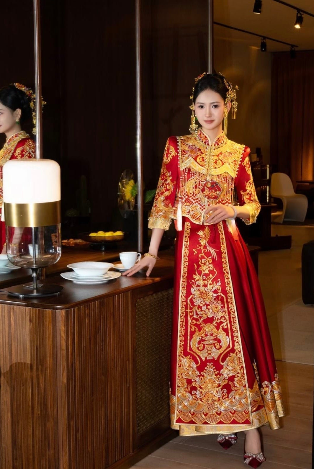 Beth and Brian Qipao - FXXZ Luxury Bespoke Goldfish&Wave Hand-Embroidery Qun Kua Set