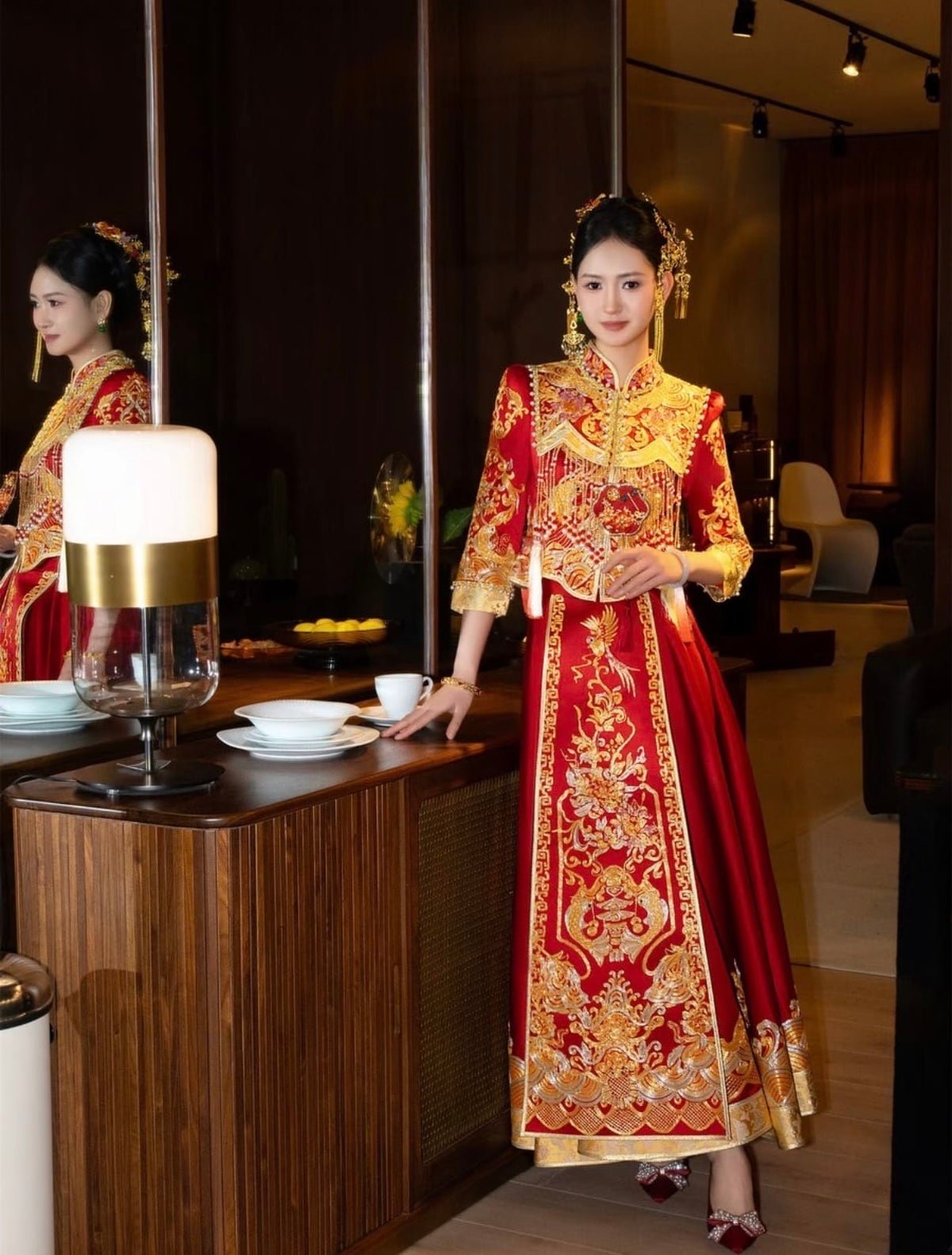 Beth and Brian Qipao - FXXZ Luxury Bespoke Goldfish&Wave Hand-Embroidery Qun Kua Set
