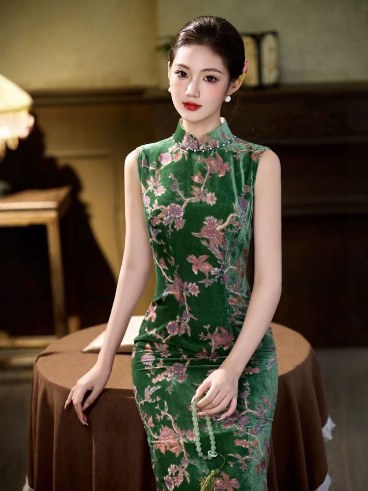 Beth and Brian Qipao-CZX Old Shanghai Style, Ivy Green Floral Long Cheongsam