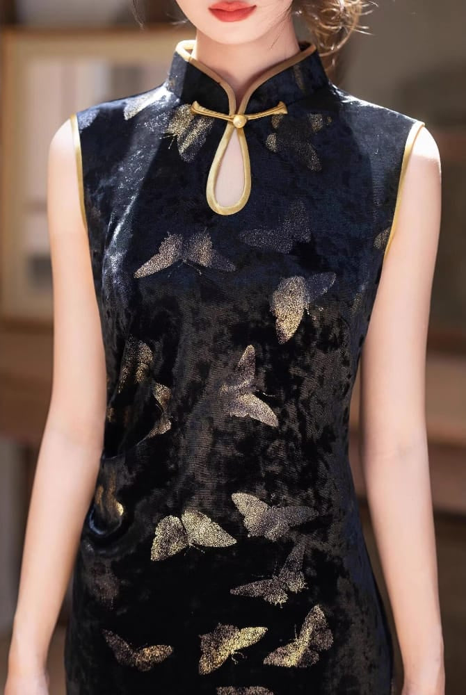 Beth and Brian Qipao-CZX Chloe Black Velvet Golden Butterfly Cheongsam