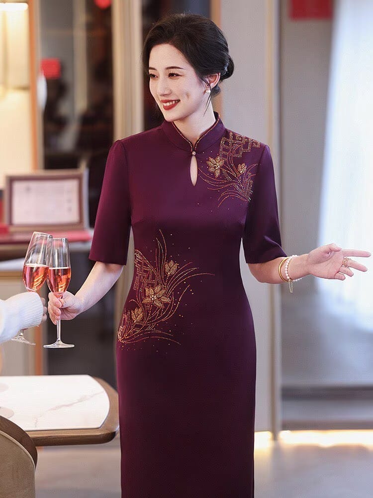 Beth and Brian Qipao-YZL Clara Mother's Formal Cheongsam, Triacetate Fabric (三醋酯纤维面料)