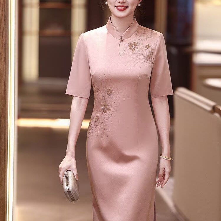 Beth and Brian Qipao-YZL Clara Mother's Formal Cheongsam, Triacetate Fabric (三醋酯纤维面料)
