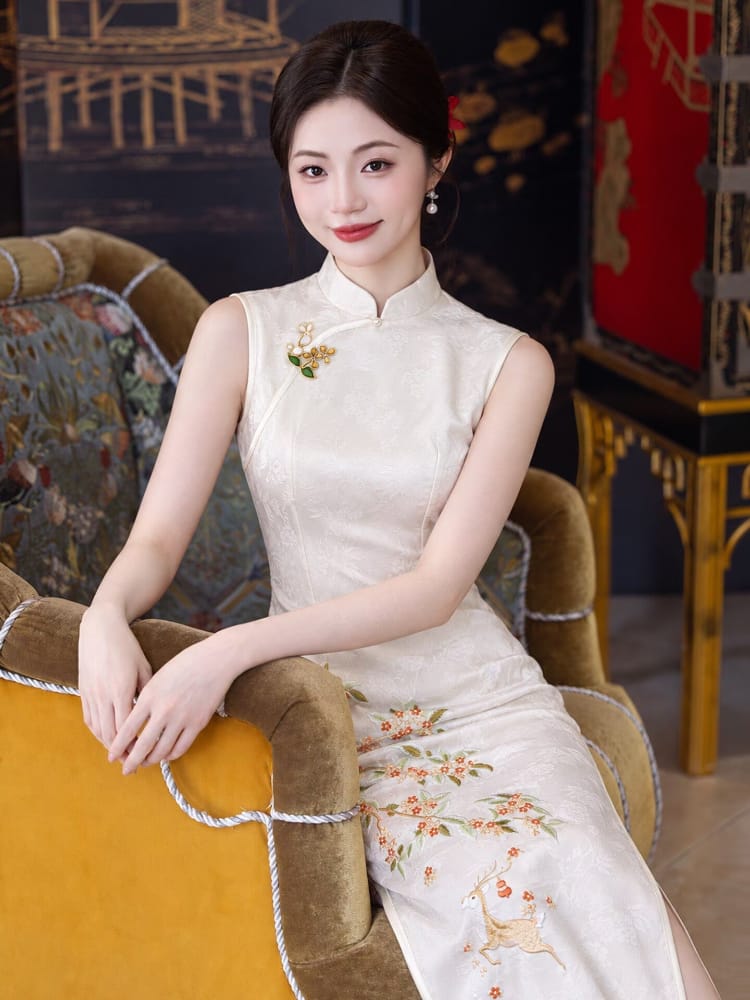 Beth and Brian Qipao-LSB Luna Beige Deer & Osmanthus Embroidery Midi Cheongsam