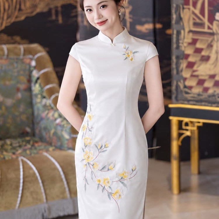 Beth and Brian Qipao-LSB Chloe Satin Floral Embroidery Midi Cheongsam