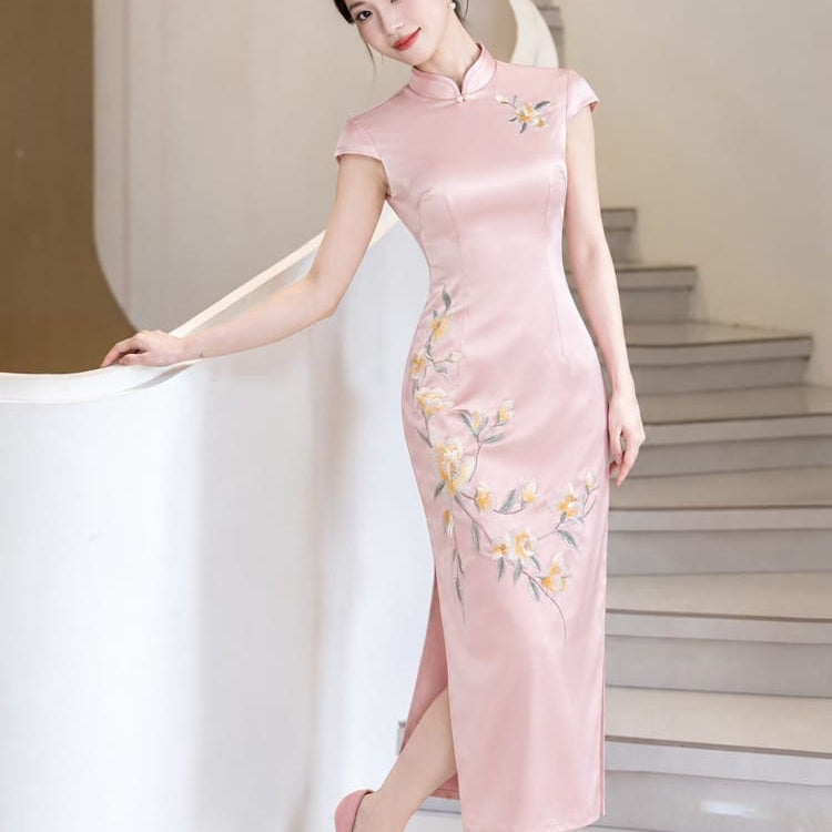 Beth and Brian Qipao-LSB Chloe Satin Floral Embroidery Midi Cheongsam