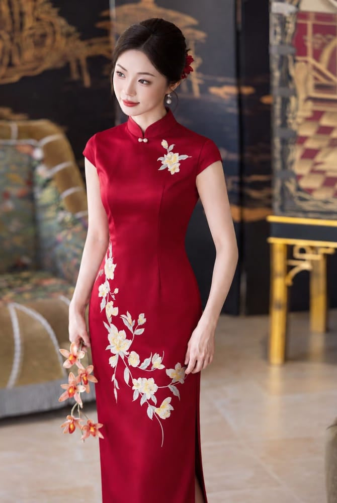 Beth and Brian Qipao-LSB Chloe Satin Floral Embroidery Midi Cheongsam