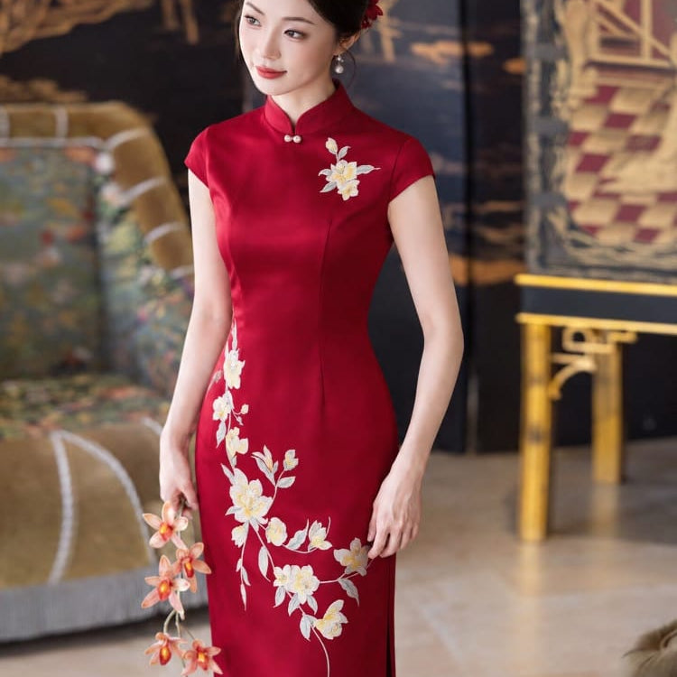 Beth and Brian Qipao-LSB Chloe Satin Floral Embroidery Midi Cheongsam